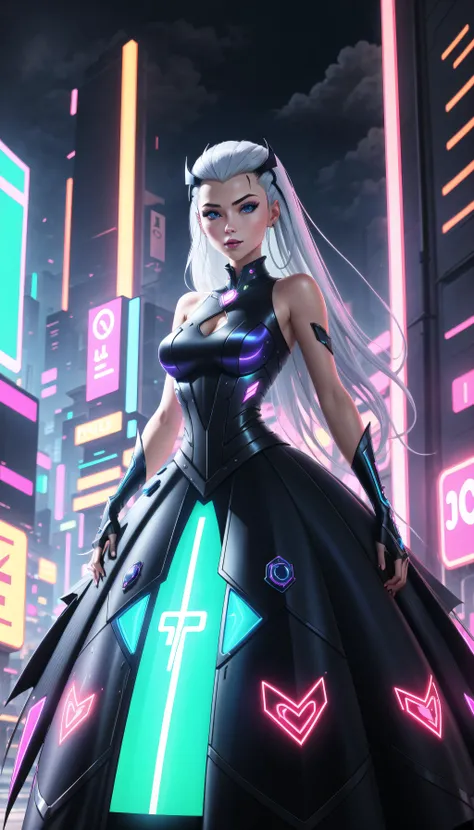 (cowboy shot), sfw,  (masterpiece), (best quality:1.0), (ultra highres:1.0), detailed eyes,
BREAK
<lora:Charmcaster-000008:0.6> Charmcaster, 1girl, slicked-back hair, blue eyes, long hair, dynamic pose, crown
<lyco:NeonGown,mecha outfit,wearing edgMechaGirl cyber_armor, ballgown:0.8> neon ballgown, mecha outfit, wearing edgMechaGirl, (ballgown:1.2),
BREAK
(cyberpunk, city, neon,  gorgeous view)