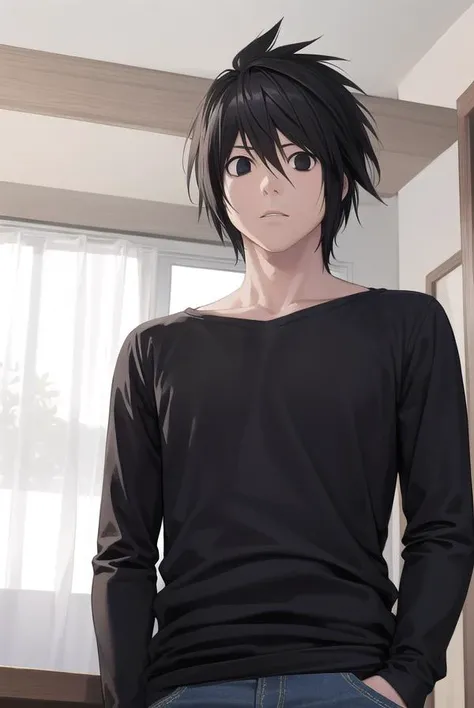 lawliet, <lora:lawliet manga-lora-nochekaiser:1>,
lawliet, male focus, spiked hair, (black eyes:1.5), black hair,
BREAK shirt, white shirt, collarbone, long sleeves, pants, denim,
BREAK indoors,
BREAK looking at viewer, (cowboy shot:1.5),
BREAK <lyco:GoodHands-beta2:1>, (masterpiece:1.2), best quality, high resolution, unity 8k wallpaper, (illustration:0.8), (beautiful detailed eyes:1.6), extremely detailed face, perfect lighting, extremely detailed CG, (perfect hands, perfect anatomy),