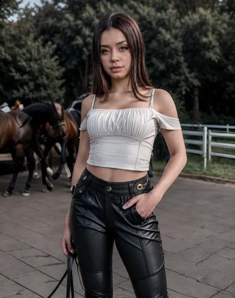concept art cinematic photo  a woman wearing Cold-Shoulder Top and Riding pants: Equestrian-inspired pants often worn for horseback riding.,  Shot Angles - hip level shot, <lora:quiron_MartinaSmeraldi_v1_Lora:0.87> MartinaSmeraldiQuiron woman, . 35mm photograph, film, bokeh, professional, 4k, highly detailed . digital artwork, illustrative, painterly, matte painting, highly detailed