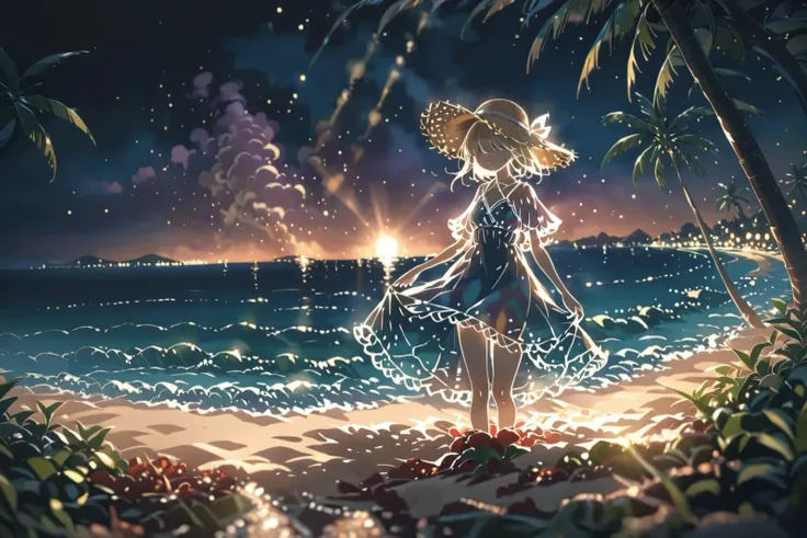 lineart, (Masterpiece:0.9), best quality, (illustration, incredibly absurdres:0.95), ultra detailed, solo, 1girl, hair over eyes, white dress, straw hat, (beach:0.8), (palm tree:0.6), horizon, ocean, night, backlighting, (cinematic shadows:0.9), [(black scenery background:1.4)::0.1], (dim background:1.4), <lora:lineart_a31_xl-2:1.1> <lora:anime enhancer V3 xl:0.85>