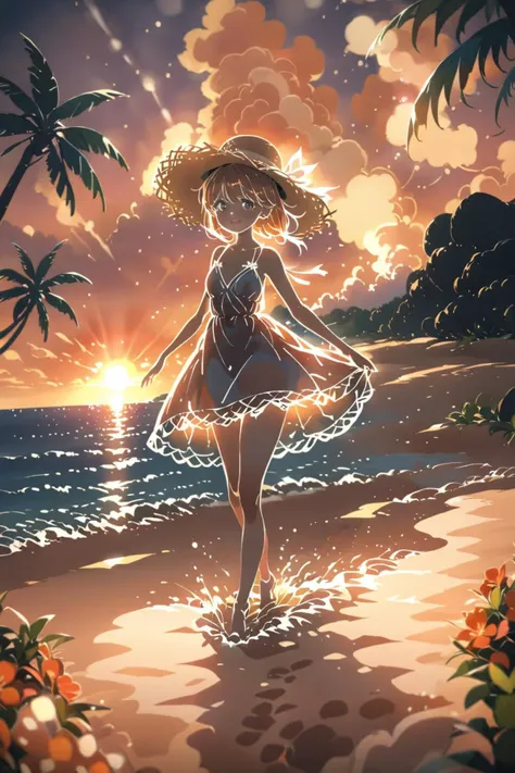 lineart, (Masterpiece:0.9), best quality, (illustration, incredibly absurdres:0.95), ultra detailed, solo, 1girl, dynamic angle, white dress, straw hat, (beach:0.8), (palm tree:0.6), horizon, ocean, dusk, backlighting, (cinematic shadows:0.9), [(black scenery background:1.4)::0.1], (Sunset beach background:1.4), <lora:lineart_a31_xl-2:1.1> <lora:anime enhancer V3 xl:0.85>