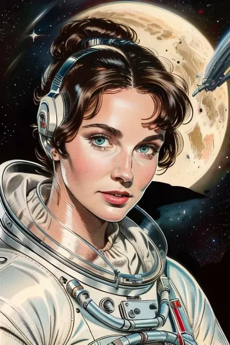 Masterpiece, best quality, hi res, 8k, hi res, 8k,  award winning , (sharp focus, intricate, highly detailed) <lora:warrentufts:0.9> warrentufts, a spacewoman, vintage drawing