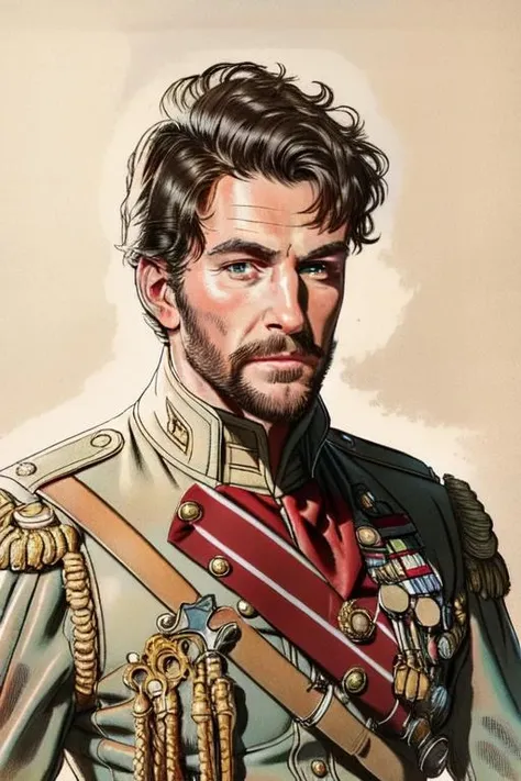 Masterpiece, best quality, hi res, 8k, hi res, 8k, award winning , (sharp focus, intricate, highly detailed) <lora:warrentufts:1> warrentufts, a handsome man in a military uniform, vintage drawing