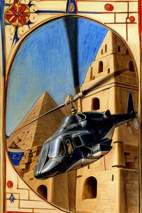 (medieval manuscript illumination:1.2) drawing of a airwolfhelicopter a helicopter flying over pyramids <lora:hjairwolfhelicopter_v21:0.85> <lora:add_detail:1.3>