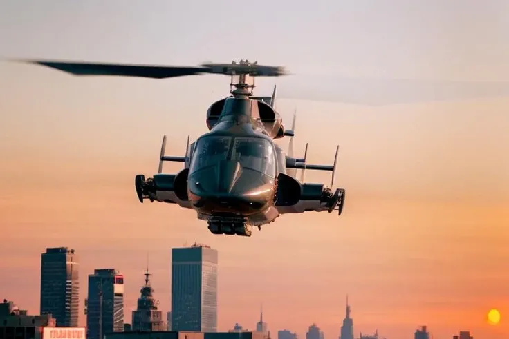 airwolfhelicopter a helicopter is flying fast over military base with it's weapons deployed in the combat mode, sunset lighting, golden hour, times square in the background, high quality, very sharp, intricate detail, professional photography <lora:hjairwolfhelicopter_v21:0.8>