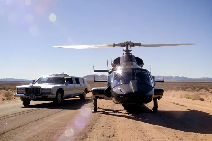 airwolfhelicopter a helicopter with it's landing gear down is landing next to a white limousine limo car, desert in the background, very sharp, intricate detail, perfect lighting, lens flare visible, professional aviation photography <lora:hjairwolfhelicopter_v21:0.8>