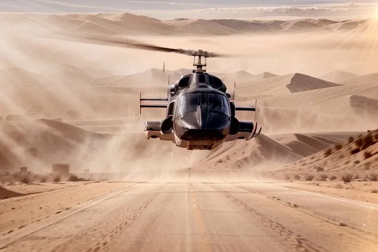 airwolfhelicopter a helicopter is hovering over desert highway with dust clouds rising from the ground, thunderstorm clouds in the background and sun shining through them, very sharp, intricate detail, perfect lighting, professional aviation photography <lora:hjairwolfhelicopter_v21:0.85> <lora:add_detail:1.3> <lora:epiCRealismHelper:1>