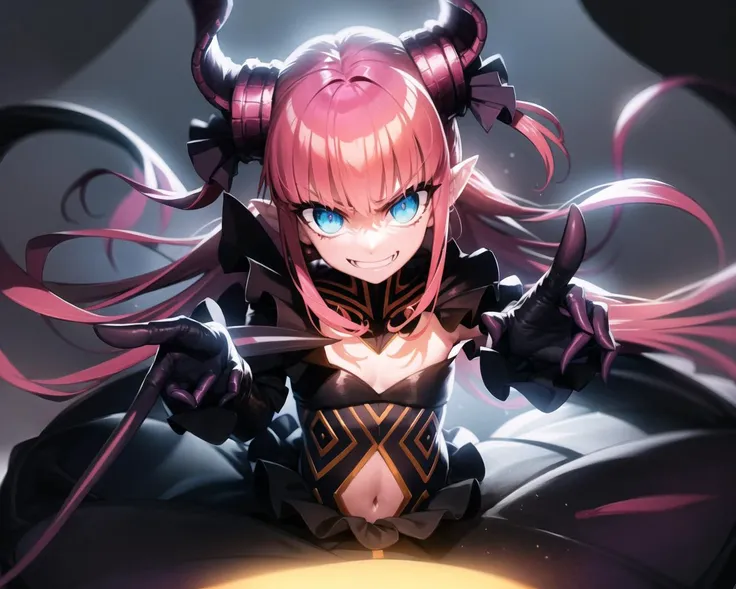 <lora:FateIElisa:.9>, masterpiece, best quality, ((VoidForm)), (ElisaAlter Clothing), dragon tail, tail,
standing, smug, grin, evil look, ((glowing eyes)), angry,
, (looking at viewer), pov, blue glow, pointing, fangs