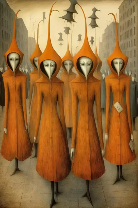 <lora:Remedios Varo Style:1>Remedios Varo Style - a painting on canvas, in the style of remedios varo, portraying anxiety, anguish, the confinement of a soul crying out to be heard. trying to get all his demons out through art and his dreams.
