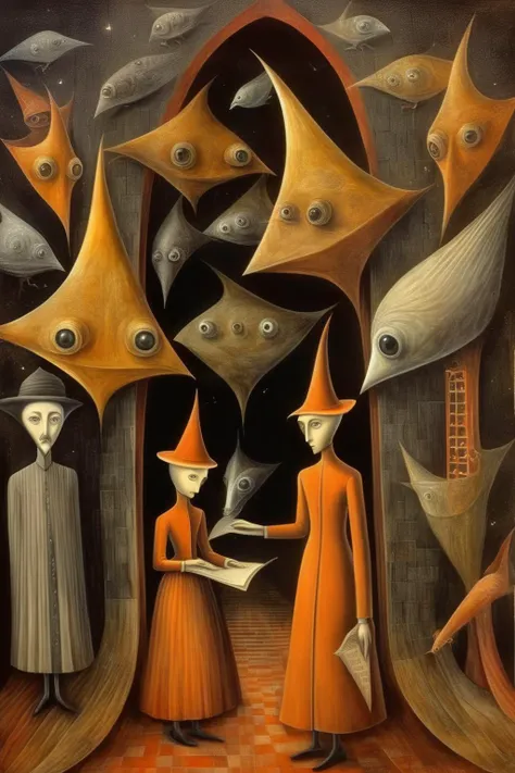 <lora:Remedios Varo Style:1>Remedios Varo Style - A surreal scene with unusual characters, mix the styles of Lenora Carrington, Remedios Varo and Frieda Khalo and MC Escher. A mysterious and magical invention.
