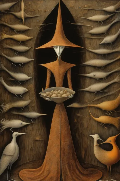 <lora:Remedios Varo Style:1>Remedios Varo Style - Imagine a digital artwork that pays homage to Remedios Varo's meticulous attention to detail and technical craftsmanship. Utilize intricate textures, delicate brushwork, and fine linework to create a visually intricate and visually mesmerizing composition that invites viewers to explore the rich tapestry of the artwork