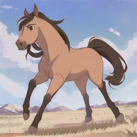 1horse, buckskin coloured horse with a black mane without white spots with a dark brown nose, a black tail, and brown eyes, running, (sun shining), Soft Lighting, 8k, UHD, HDR, sideview, view from the side, (best quality, masterpiece), ((four legs:1.4)), spirit2002, one head, <lora:spirit2002:0.8>