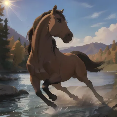 <lora:spirit2002:0.6>, 1horse, buckskin coloured horse with a black mane without white spots with a dark brown nose, a black tail, and brown eyes, running, sun shining, in the river, Soft Lighting, 8k, photorealistic, UHD, HDR, sideview, view from the side, (best quality, masterpiece)