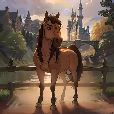 horse, <lora:spirit2002:0.9>, on the bridge near the Hogwarts Castle