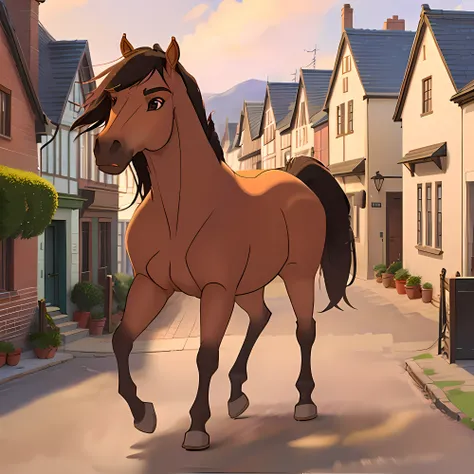 horse, <lora:spirit2002:0.9>, in the modern town