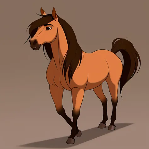 <lora:spirit2002:0.6>, 1horse, buckskin coloured horse with a black mane without white spots with a dark brown nose, a black tail, and brown eyes, (best quality, masterpiece), (((fur))), flat background, (white background), mane on the one side