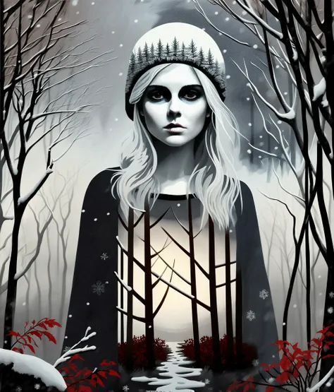 rosemciver, <lyco:RoseMcIver:1.0>, vector art, fall vegetation, abandoned threads, pagan priestess, winter, snow, looking at viewer, grunge art, dramatic atmosphere, fog, dim light, muted colors,oil painting,