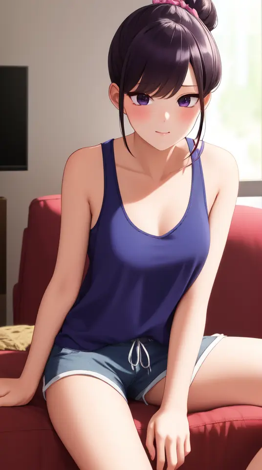 pixel-Komi-Shouko, from front <lora:komi-Shouko-LoRA:0.75>, masterpiece, best quality <hypernet:myhands_22k:0.75>, 1girl, scrunchie, messy bun, loose tank top, shorts, living room