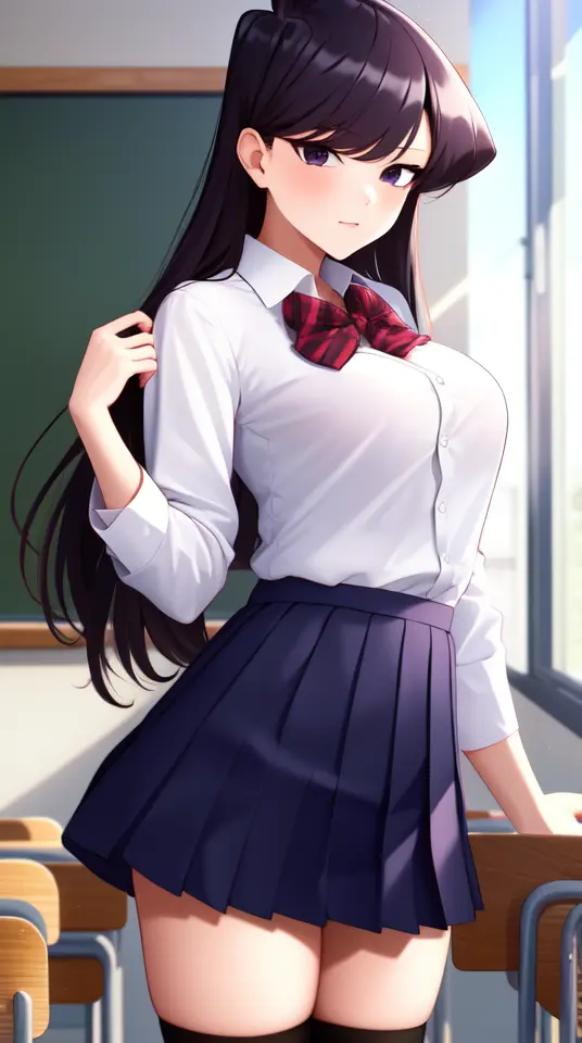 pixel-Komi-Shouko, from front <lora:komi-Shouko-LoRA:0.75>, masterpiece, best quality <hypernet:myhands_22k:0.75>, 1girl, school uniform, bow tie, jacket, white shirt, pleated skirt, black thighhighs, classroom