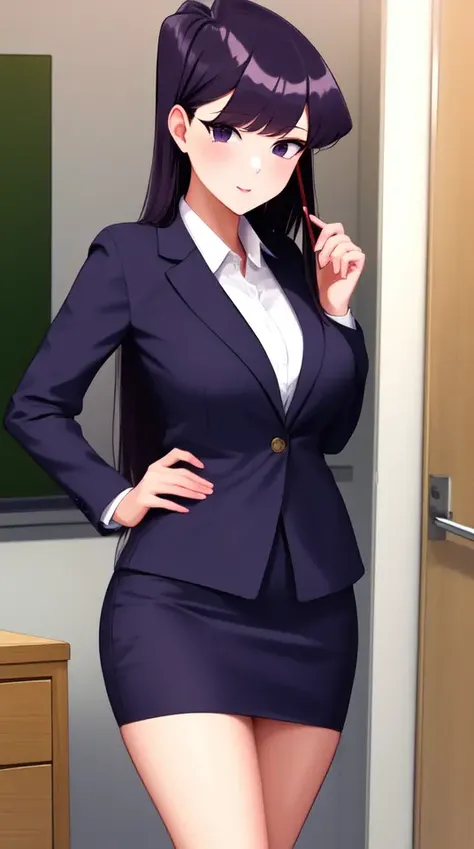pixel-Komi-Shouko, from front <lora:komi-Shouko-LoRA:0.75>, masterpiece, best quality <hypernet:myhands_22k:0.75>, 1girl, suit, office lady, pencil skirt, office desk