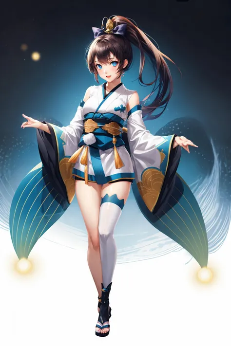 <lora:Hotarugusa:0.7>, hotarugusa, solo, 1girl, full body, ponytail, japanese clothes, kimono, detached sleeves, single thighhigh, 8k, highly detailed, high_quality, Original, detailed background, meticulous details