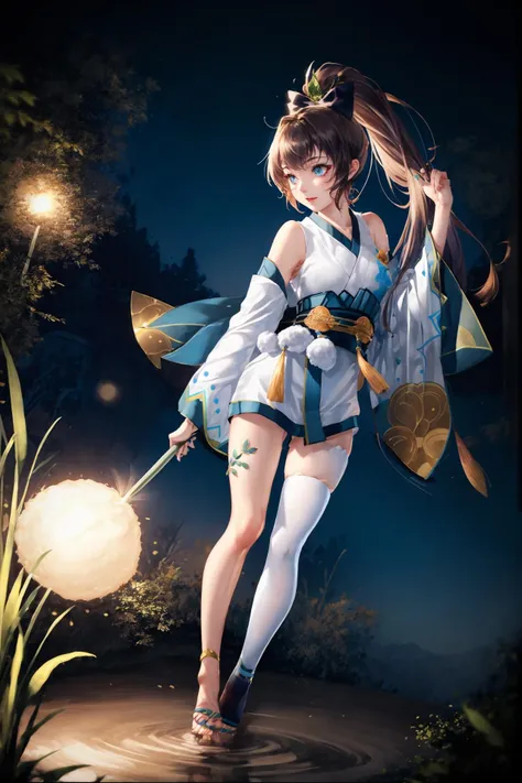 <lora:Hotarugusa:1>, hotarugusa, solo, 1girl, full body, ponytail, japanese clothes, kimono, detached sleeves, single thighhigh, 8k, highly detailed, high_quality, Original, detailed background, meticulous details