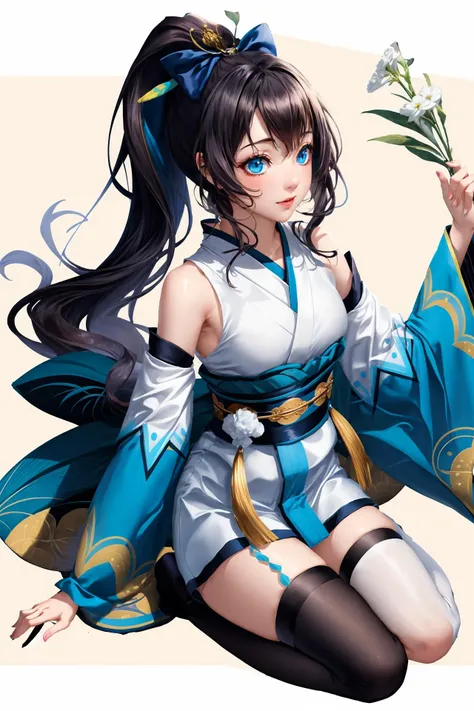 <lora:Hotarugusa:0.7>, hotarugusa, solo, 1girl, full body, ponytail, japanese clothes, kimono, detached sleeves, single thighhigh, 8k, highly detailed, high_quality, Original, detailed background, meticulous details