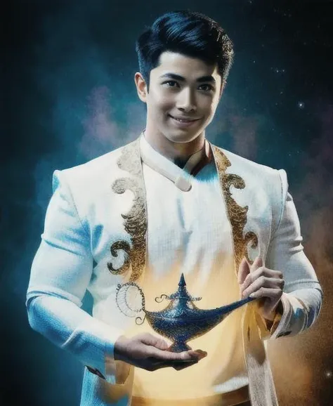 an asian man holding a black magical lamp<lora:genielamp6:1>,white coat,photorealistic, perfect face, deviantart hd, artstation hd, concept art, detailed face and body, award-winning photography, margins, (detailed face:1.6), detailed hands,backlight,12k ultrarealistic, ray tracing, cinematic lighting, art by Grzegorz Rutkowski