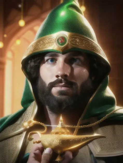 a wizard holding a gold and green magic lamp <lora:genielamp6:1> ,photorealistic, perfect face, deviantart hd, artstation hd, concept art, detailed face and body, award-winning photography, margins, (detailed face:1.6), detailed hands,backlight,12k ultrarealistic, ray tracing, cinematic lighting, art by Grzegorz Rutkowski,