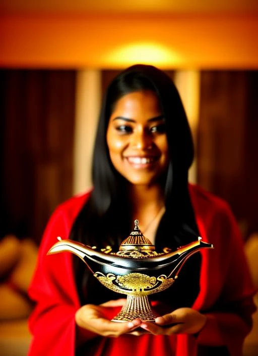woman holding a magic lamp <lora:genielamp6:1> RAW photo, 8k uhd, dslr, soft lighting, high quality, film grain, Fujifilm XT3