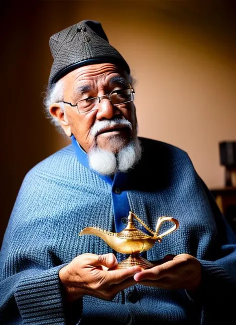 an old man with a magic lamp  <lora:genielamp6:1>, RAW photo, 8k uhd, dslr, soft lighting, high quality, film grain, Fujifilm XT3