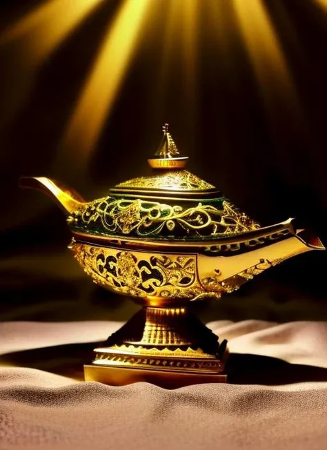 an ornate gold and green magic lamp <lora:genielamp6:1> RAW photo, 8k uhd, dslr, soft lighting, high quality, film grain, Fujifilm XT3