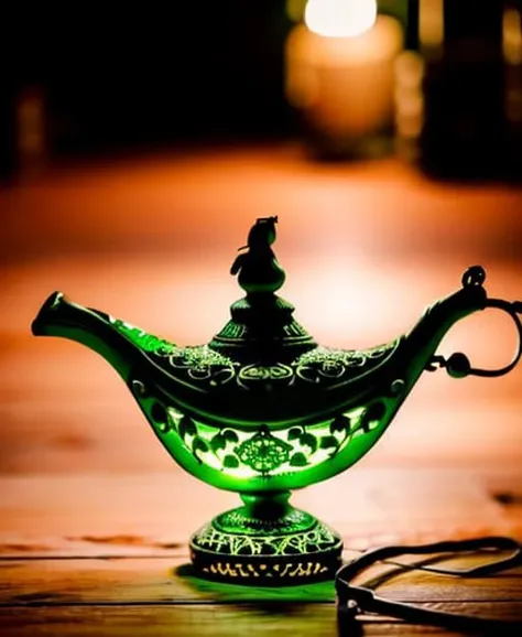 an ornate white and green magic lamp <lora:genielamp6:1> RAW photo, 8k uhd, dslr, soft lighting, high quality, film grain, Fujifilm XT3
