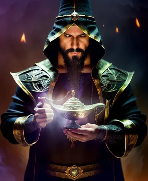 a wizard holding a magic lamp<lora:genielamp6:1> cinematic shot on canon 5d ultra realistic fire skin intricate clothes accurate hands Steve Henderson Fabian Perez Henry Asencio Jeremy Mann Marc Simonetti fantasy magic atmosphere, extreme hdr, masterpiece, best quality, highres, absurdres,