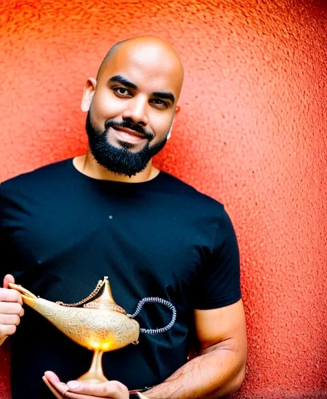 a bald man holding an ornate orange magic lamp <lora:genielamp6:1>,black tshirt, RAW photo, 8k uhd, dslr, soft lighting, high quality, film grain, Fujifilm XT3