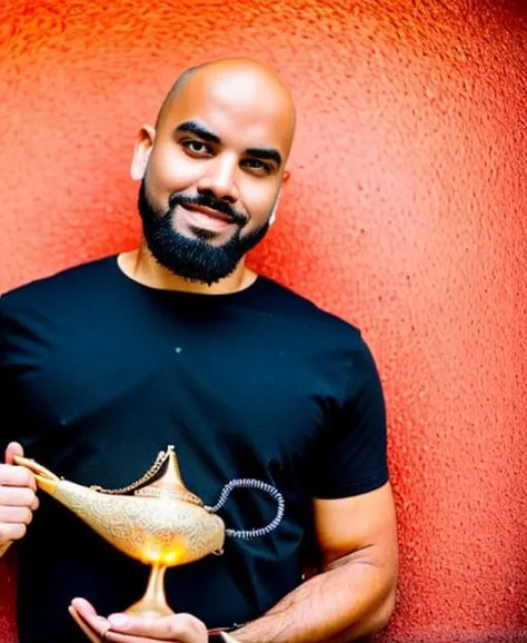 a bald man holding an ornate orange magic lamp <lora:genielamp6:1>,black tshirt, RAW photo, 8k uhd, dslr, soft lighting, high quality, film grain, Fujifilm XT3