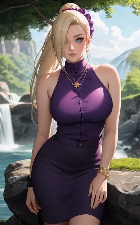 PurpleTop_InoYamanaka_ownwaifu,
1girl, blonde hair, hair over one eye, blue eyes, high ponytail, ponytail, very long hair, hair scrunchie, long hair, hair ornament, earrings, breasts, large breasts, red scrunchie, necklace,
long shirt, bare shoulders, purple skirt, purple shirt, sleeveless shirt, bracelet,
<lora:NARUTO_Kunoichi_InoYamanaka_ownwaifu:0.7> ,
((masterpiece)),((best quality)),(highres), bokeh, depth_of_field, day, tree shade, sunlight, scenery, rock, waterfall, looking at viewer, solo, cowboy shot,