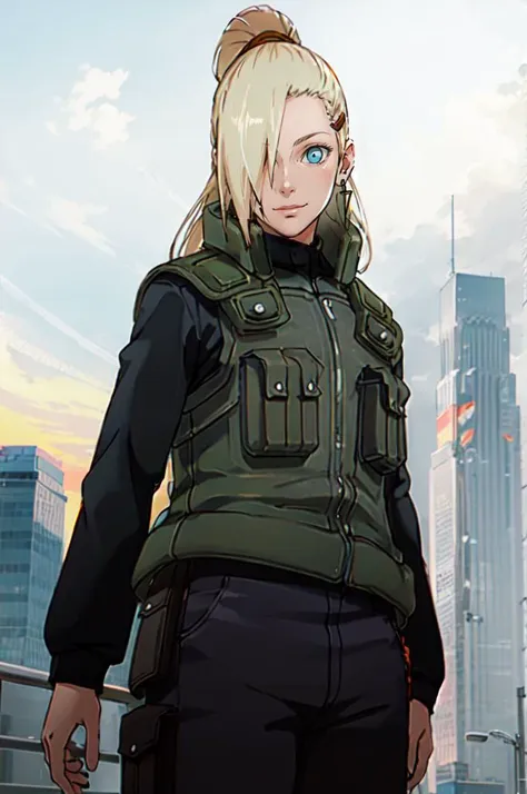 smile,  <lora:NARUTO_Kunoichi_InoYamanaka_ownwaifu:0.9>  Jacket_InoYamanaka_ownwaifu, 1girl, blonde hair, hair over one eye, blue eyes, high ponytail,  ponytail, long hair, hairclip, hair ornament, earrings, vest, green vest, black pants, thigh pouch, bandaged leg, blue shirt, long sleeves,   <lora:nishiide_kengorou_style_v01:0.8>, absurdres, ultra detailed, masterpiece, best quality, aesthetic, detailed,