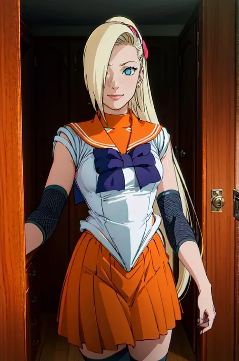 smile, <lora:NARUTO_Kunoichi_InoYamanaka_ownwaifu:1> SailorMoon_InoYamanaka_ownwaifu, 1girl, blonde hair, blue eyes, hair over one eye, earrings, breasts, tiara, circlet, long hair, makeup, ponytail, magical girl, elbow gloves, orange sailor collar, orange skirt, pleated skirt, sailor senshi uniform, blue bow, <lora:aiueoka:0.8>, absurdres, ultra detailed, masterpiece, best quality, aesthetic, detailed,