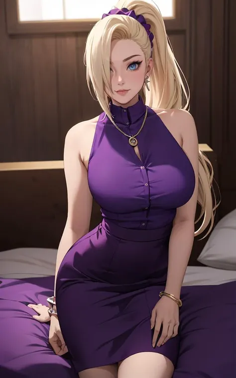 PurpleTop_InoYamanaka_ownwaifu,
1girl, blonde hair, hair over one eye, blue eyes, high ponytail, ponytail, very long hair, hair scrunchie, long hair, hair ornament, earrings, breasts, large breasts, red scrunchie, necklace,
long shirt, sleeveless, bare shoulders, purple skirt, purple shirt, purple dress, sleeveless shirt, bracelet,
<lora:NARUTO_Kunoichi_InoYamanaka_ownwaifu:0.7> ,
((masterpiece)),((best quality)),(highres), bokeh, depth_of_field, bed, indoors,