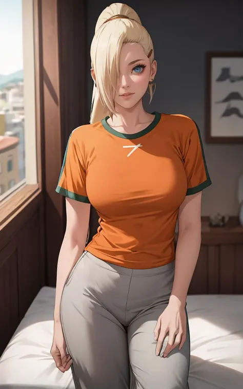 OrangeTop_InoYamanaka_ownwaifu,
1girl, blonde hair, hair over one eye, blue eyes, high ponytail,  ponytail, long hair, hairclip, hair ornament, earrings, breasts, medium breasts, 
orange shirt, short sleeves, grey pants, t-shirt, capri pants, 
<lora:NARUTO_Kunoichi_InoYamanaka_ownwaifu:0.7> ,
((masterpiece)),((best quality)),(highres), bokeh, depth_of_field, bed, indoors,