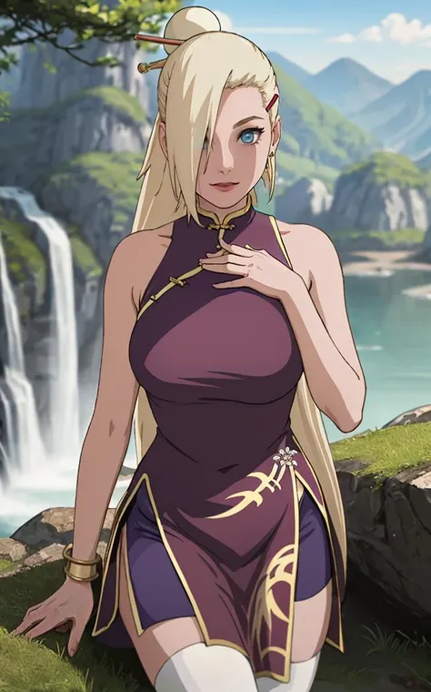ChineseDress_InoYamanaka_ownwaifu,
1girl, blonde hair, blue eyes, hair over one eye, breasts, hair bun, long hair, ponytail, hairclip, makeup, hair stick,
purple dress, china dress, bare shoulders, jewelry, white thighhighs, sleeveless dress, zettai ryouiki, bracelet, chinese clothes,
<lora:NARUTO_Kunoichi_InoYamanaka_ownwaifu:0.9> ,
((masterpiece)),((best quality)),(highres), bokeh, depth_of_field, day, tree shade, sunlight, scenery, rock, waterfall, looking at viewer, solo, cowboy shot,