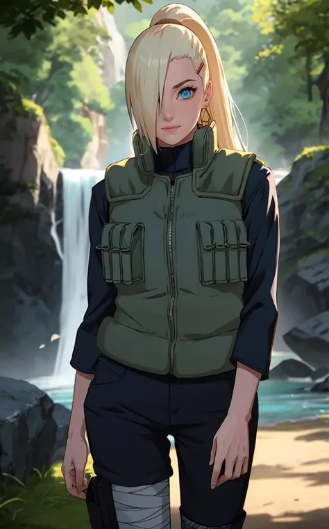 Jacket_InoYamanaka_ownwaifu,
1girl, blonde hair, hair over one eye, blue eyes, high ponytail,  ponytail, long hair, hairclip, hair ornament, earrings,  
vest, green vest, black pants, thigh pouch, bandaged leg, blue shirt, long sleeves, 
<lora:NARUTO_Kunoichi_InoYamanaka_ownwaifu:0.9> ,
((masterpiece)),((best quality)),(highres), bokeh, depth_of_field, day, tree shade, sunlight, scenery, rock, waterfall, looking at viewer, solo, cowboy shot,