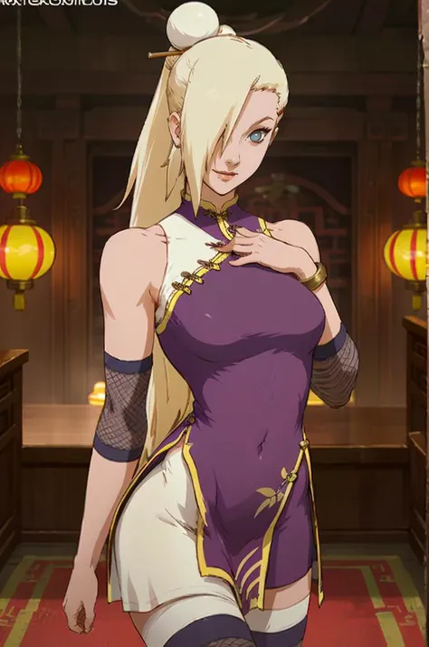 smile,   <lora:NARUTO_Kunoichi_InoYamanaka_ownwaifu:1> || ChineseDress_InoYamanaka_ownwaifu, 1girl, blonde hair, blue eyes, hair over one eye, breasts, hair bun, long hair, ponytail, hairclip, makeup, hair stick, purple dress, china dress, bare shoulders, jewelry, white thighhighs,  sleeveless dress,  zettai ryouiki, bracelet, chinese clothes,  <lora:CuteSexyRobutts [MockAi - v1.0]:1> csr, painterly style, vibrant colors, sketchy lineart,, absurdres, ultra detailed, masterpiece, best quality, aesthetic, detailed,