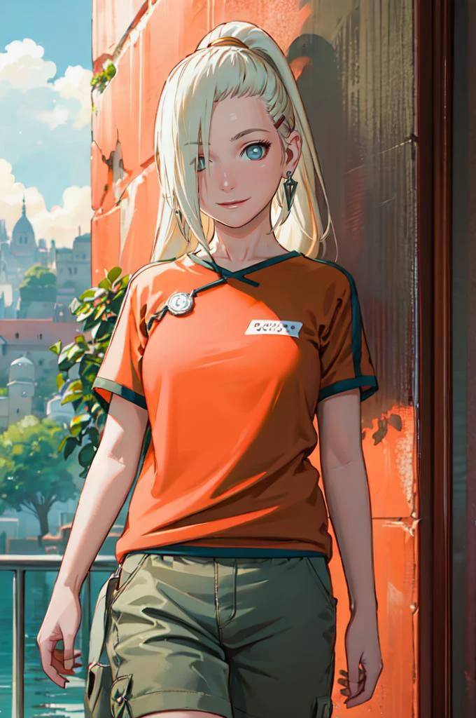 smile, <lora:NARUTO_Kunoichi_InoYamanaka_ownwaifu:1> OrangeTop_InoYamanaka_ownwaifu, 1girl, blonde hair, hair over one eye, blue eyes, high ponytail, ponytail, long hair, hairclip, hair ornament, earrings, breasts, medium breasts, orange shirt, short sleeves, grey pants, t-shirt, capri pants, <lora:Range_murata_style_v02:0.8>, absurdres, ultra detailed, masterpiece, best quality, aesthetic, detailed,