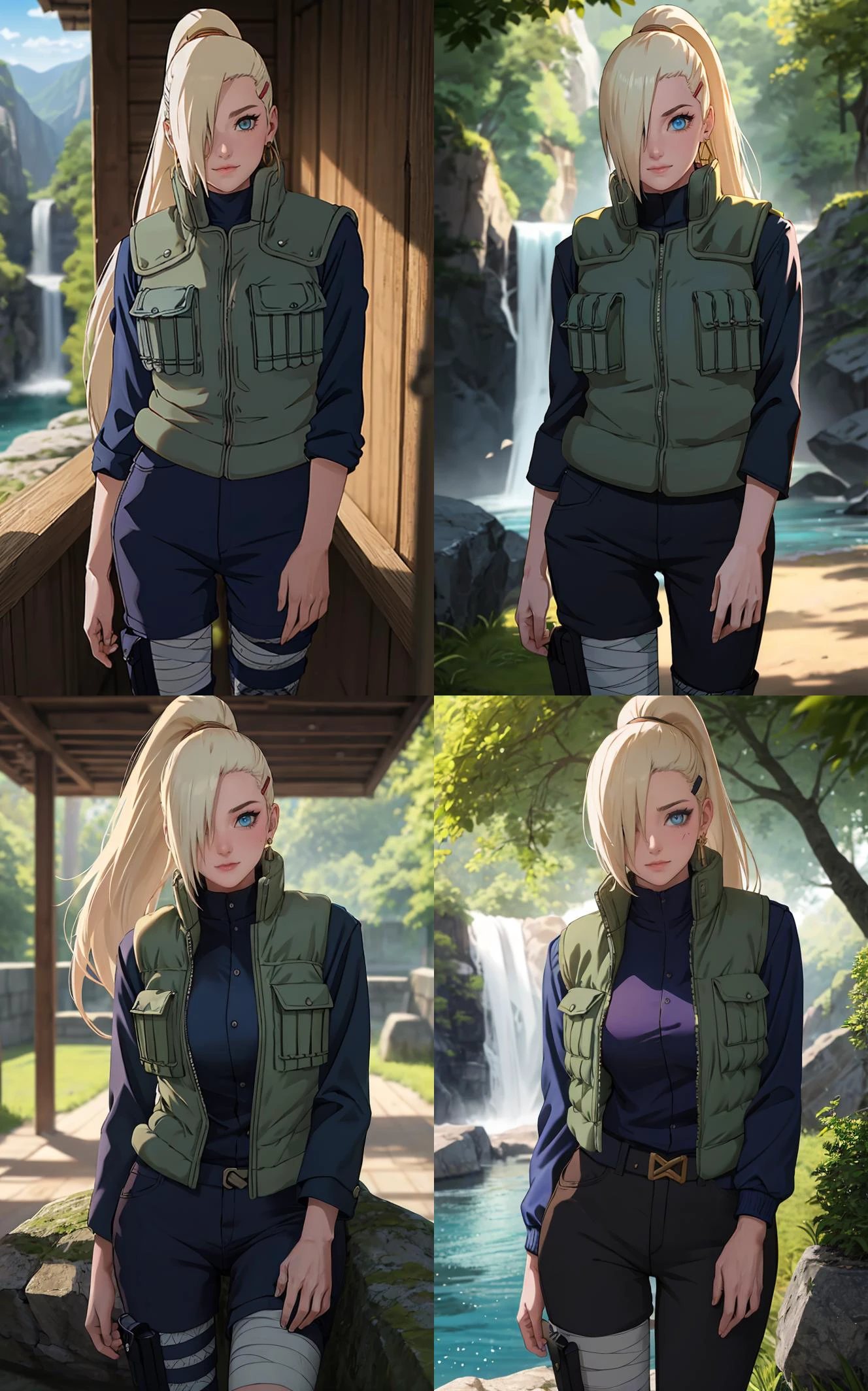 Jacket_InoYamanaka_ownwaifu,
1girl, blonde hair, hair over one eye, blue eyes, high ponytail, ponytail, long hair, hairclip, hair ornament, earrings,
vest, green vest, black pants, thigh pouch, bandaged leg, blue shirt, long sleeves,
{<lora:NARUTO_Kunoichi_InoYamanaka_ownwaifu:1> |<lora:NARUTO_Kunoichi_InoYamanaka_ownwaifu:0.9> |<lora:NARUTO_Kunoichi_InoYamanaka_ownwaifu:0.8> |<lora:NARUTO_Kunoichi_InoYamanaka_ownwaifu:0.7> },
((masterpiece)),((best quality)),(highres), bokeh, depth_of_field, day, tree shade, sunlight, scenery, rock, waterfall, looking at viewer, solo, cowboy shot,