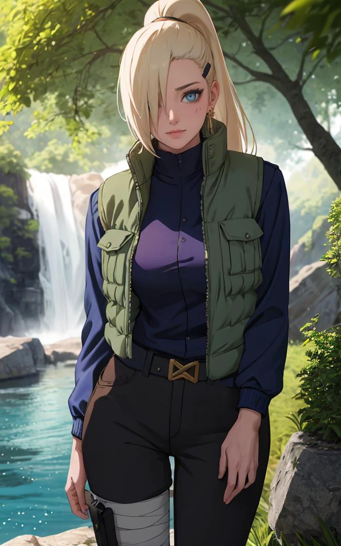 Jacket_InoYamanaka_ownwaifu,
1girl, blonde hair, hair over one eye, blue eyes, high ponytail, ponytail, long hair, hairclip, hair ornament, earrings,
vest, green vest, black pants, thigh pouch, bandaged leg, blue shirt, long sleeves,
<lora:NARUTO_Kunoichi_InoYamanaka_ownwaifu:0.7> ,
((masterpiece)),((best quality)),(highres), bokeh, depth_of_field, day, tree shade, sunlight, scenery, rock, waterfall, looking at viewer, solo, cowboy shot,