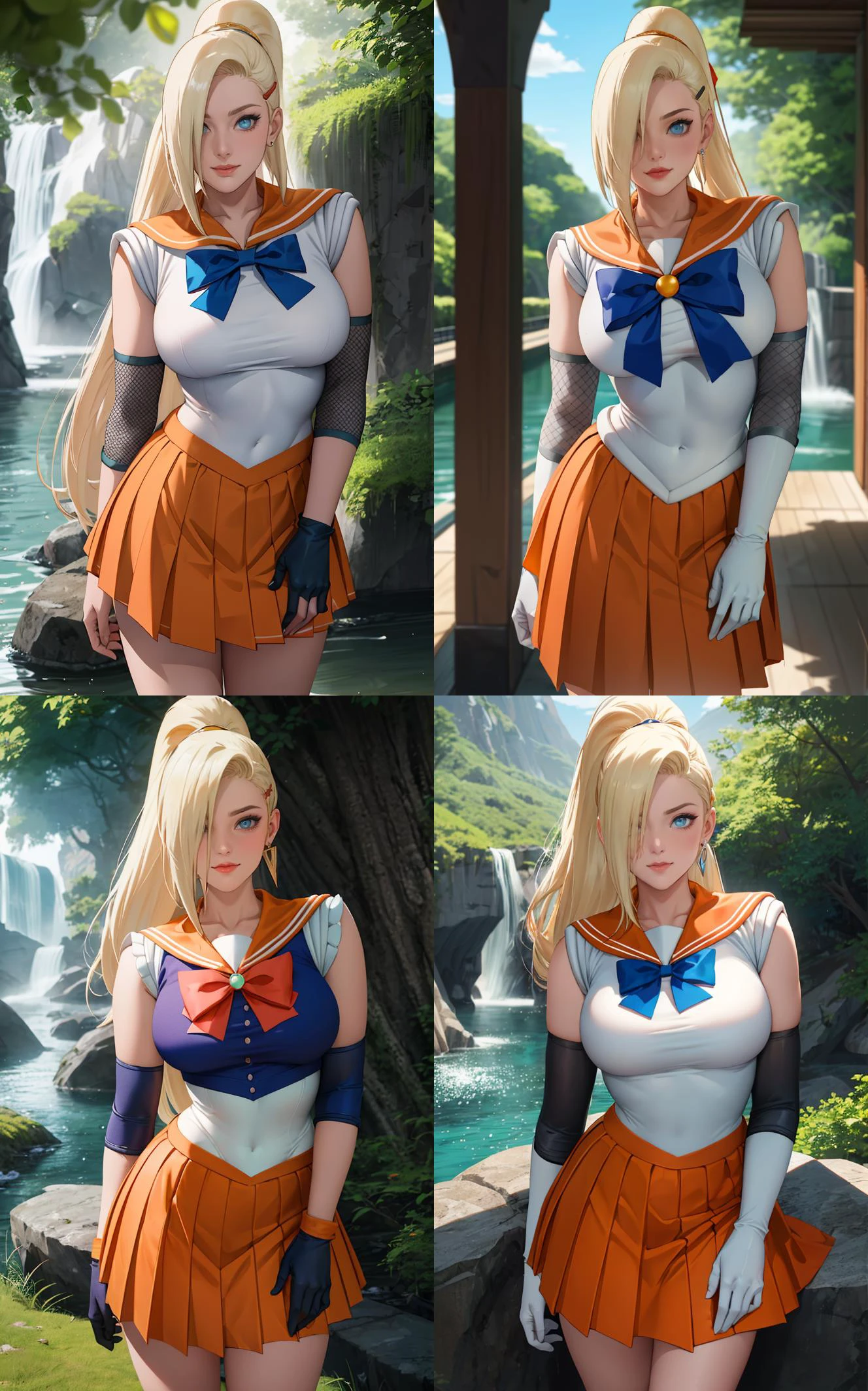 SailorMoon_InoYamanaka_ownwaifu,
1girl, blonde hair, blue eyes, hair over one eye, earrings, breasts, tiara, circlet, long hair, makeup, ponytail,
magical girl, elbow gloves, orange sailor collar, orange skirt, pleated skirt, sailor senshi uniform, blue bow,
{<lora:NARUTO_Kunoichi_InoYamanaka_ownwaifu:1> |<lora:NARUTO_Kunoichi_InoYamanaka_ownwaifu:0.9> |<lora:NARUTO_Kunoichi_InoYamanaka_ownwaifu:0.8> |<lora:NARUTO_Kunoichi_InoYamanaka_ownwaifu:0.7> },
((masterpiece)),((best quality)),(highres), bokeh, depth_of_field, day, tree shade, sunlight, scenery, rock, waterfall, looking at viewer, solo, cowboy shot,