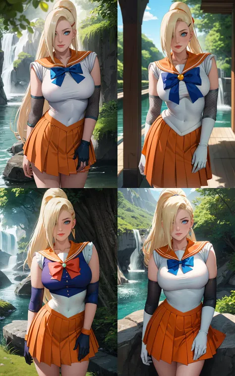 SailorMoon_InoYamanaka_ownwaifu,
1girl, blonde hair, blue eyes, hair over one eye, earrings, breasts, tiara, circlet, long hair, makeup, ponytail, 
magical girl, elbow gloves, orange sailor collar, orange skirt, pleated skirt, sailor senshi uniform, blue bow, 
{<lora:NARUTO_Kunoichi_InoYamanaka_ownwaifu:1> |<lora:NARUTO_Kunoichi_InoYamanaka_ownwaifu:0.9> |<lora:NARUTO_Kunoichi_InoYamanaka_ownwaifu:0.8> |<lora:NARUTO_Kunoichi_InoYamanaka_ownwaifu:0.7> },
((masterpiece)),((best quality)),(highres), bokeh, depth_of_field, day, tree shade, sunlight, scenery, rock, waterfall, looking at viewer, solo, cowboy shot,