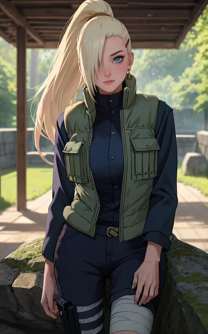Jacket_InoYamanaka_ownwaifu,
1girl, blonde hair, hair over one eye, blue eyes, high ponytail, ponytail, long hair, hairclip, hair ornament, earrings,
vest, green vest, black pants, thigh pouch, bandaged leg, blue shirt, long sleeves,
<lora:NARUTO_Kunoichi_InoYamanaka_ownwaifu:0.8> ,
((masterpiece)),((best quality)),(highres), bokeh, depth_of_field, day, tree shade, sunlight, scenery, rock, waterfall, looking at viewer, solo, cowboy shot,